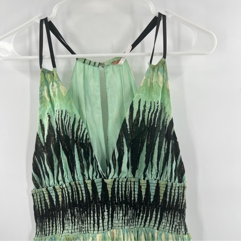 Free People Indian Summer Green Black Ikat Lurex Mini Dress Size S Smocked - Picture 3 of 10